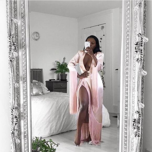 HOUSE OF CB Pink Silky Satin Tassel Fringe Finola Maxi Plunge Neck Maxi Dress